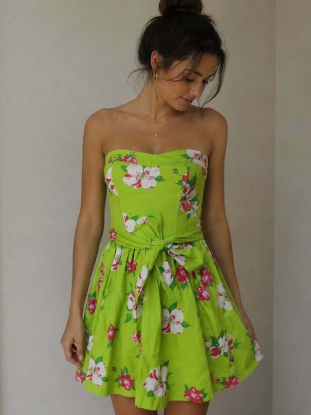 Hollister Floral Strapless Dress Size Small Green